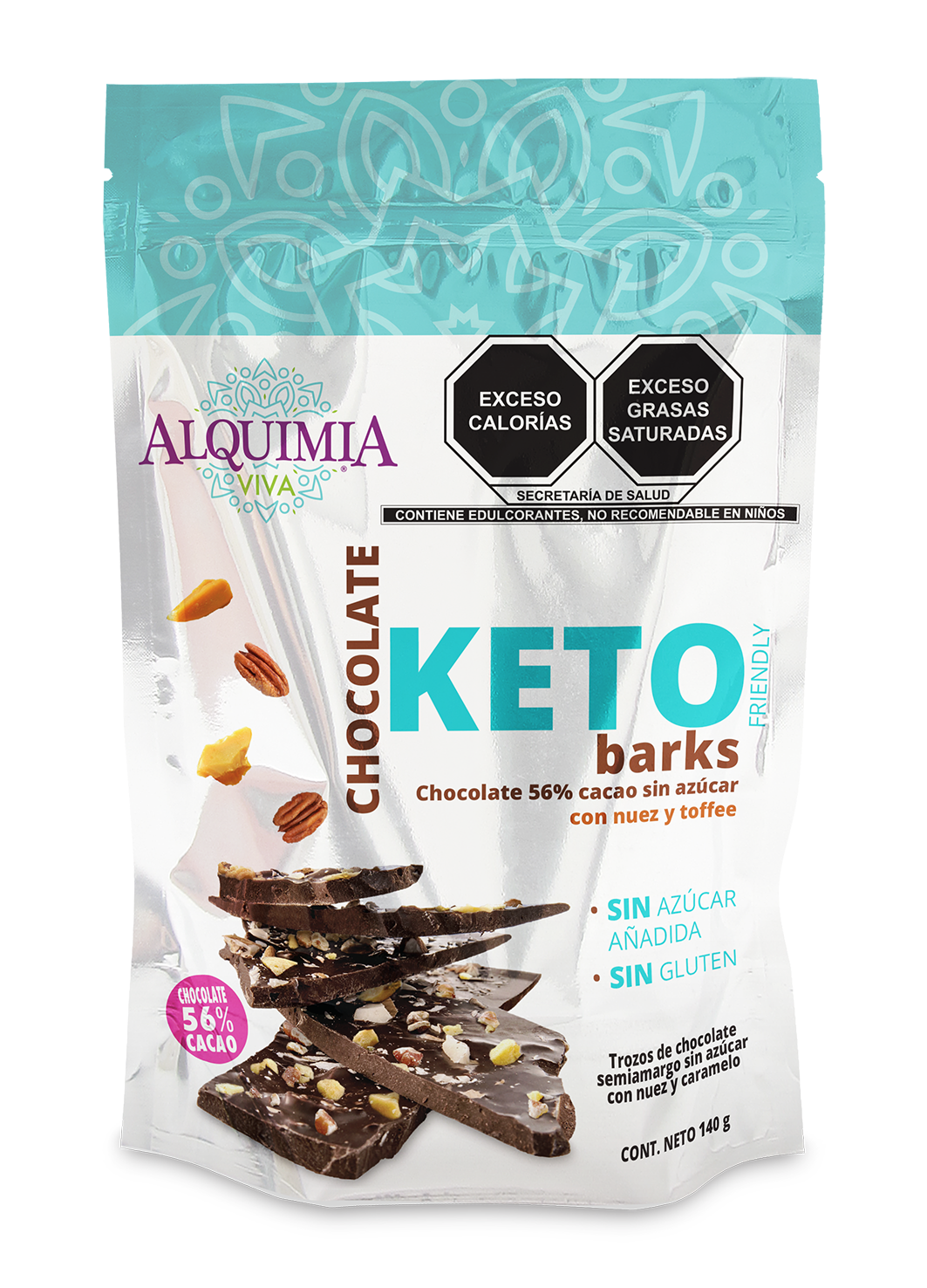 Keto Barks Chocolate 56% cacao sin azúcar (12 Bolsas Standup de140g c/u)